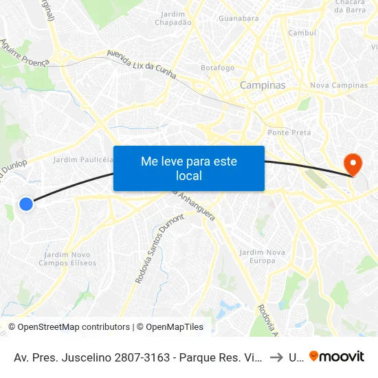 Av. Pres. Juscelino 2807-3163 - Parque Res. Vila União Campinas - SP Brasil to Unip map