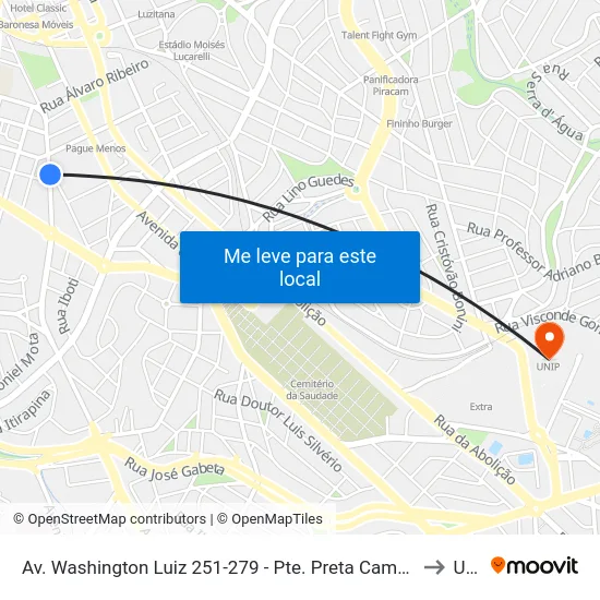 Av. Washington Luiz 251-279 - Pte. Preta Campinas - SP Brasil to Unip map