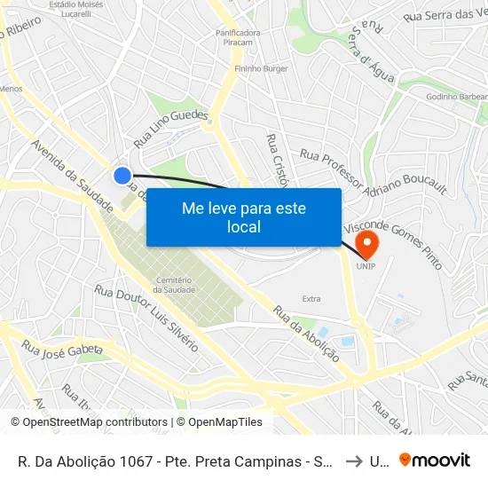 R. Da Abolição 1067 - Pte. Preta Campinas - SP 13041-445 Brasil to Unip map