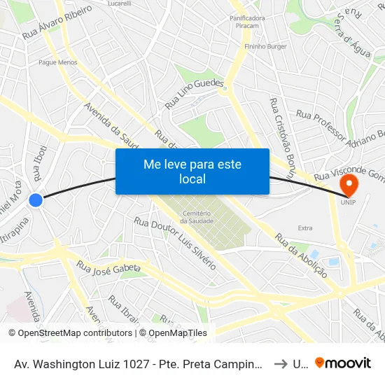 Av. Washington Luiz 1027 - Pte. Preta Campinas - SP 13041-355 Brasil to Unip map