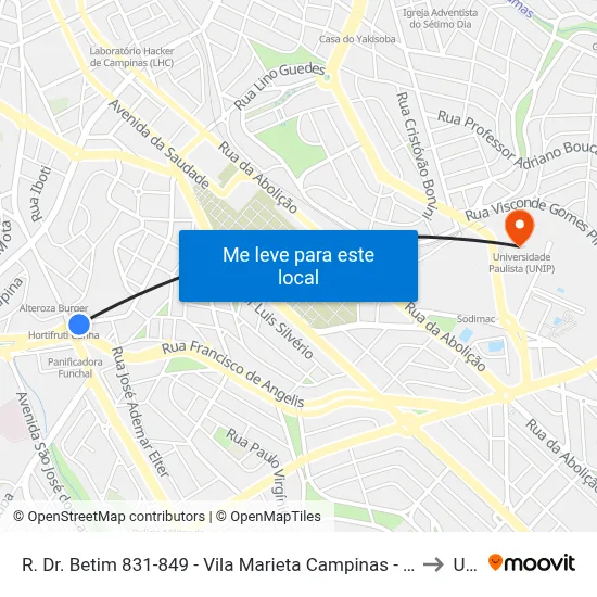 R. Dr. Betim 831-849 - Vila Marieta Campinas - SP 13042-020 Brasil to Unip map