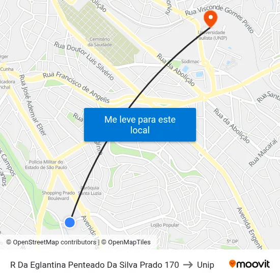 R Da Eglantina Penteado Da Silva Prado 170 to Unip map