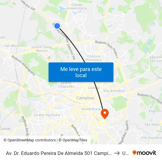 Av. Dr. Eduardo Pereira De Almeida 501 Campinas - SP Brasil to Unip map