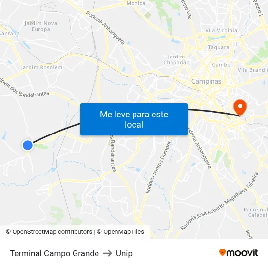 Terminal Campo Grande to Unip map