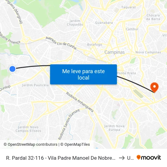 R. Pardal 32-116 - Vila Padre Manoel De Nobrega Campinas - SP Brasil to Unip map