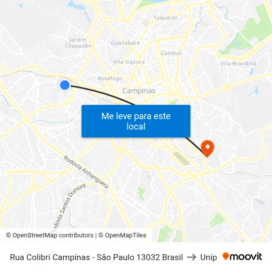 Rua Colibri Campinas - São Paulo 13032 Brasil to Unip map