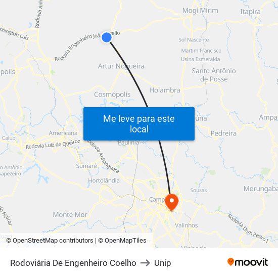 Rodoviária De Engenheiro Coelho to Unip map