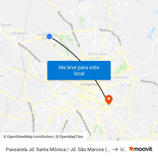 Passarela Jd. Santa Mônica / Jd. São Marcos (Sentido Barão Geraldo) to Unip map