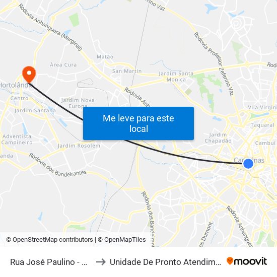 Rua José Paulino - Av. Campos Sales to Unidade De Pronto Atendimento Nova Hortolândia map