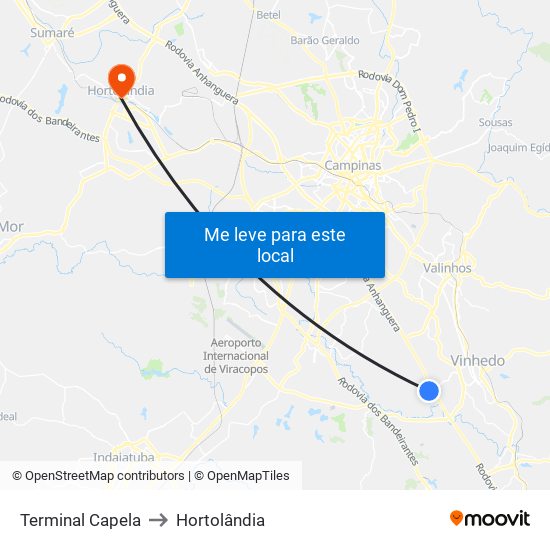 Terminal Capela to Hortolândia map