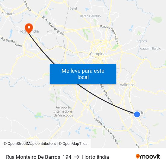 Rua Monteiro De Barros, 194 to Hortolândia map