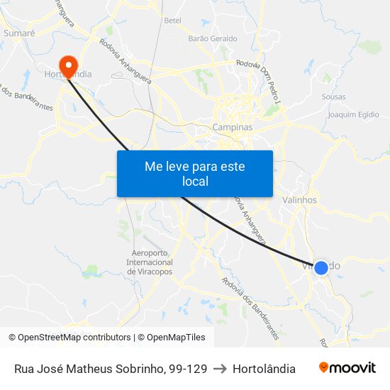 Rua José Matheus Sobrinho, 99-129 to Hortolândia map