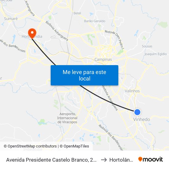 Avenida Presidente Castelo Branco, 2031 to Hortolândia map