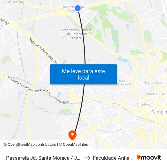 Passarela Jd. Santa Mônica / Jd. São Marcos (Sentido Anhanguera) to Faculdade Anhanguera De Campinas map