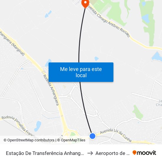 Estação De Transferência Anhanguera (Plataforma 5 - Sentido Anhanguera) to Aeroporto de Campinas-Amarais map