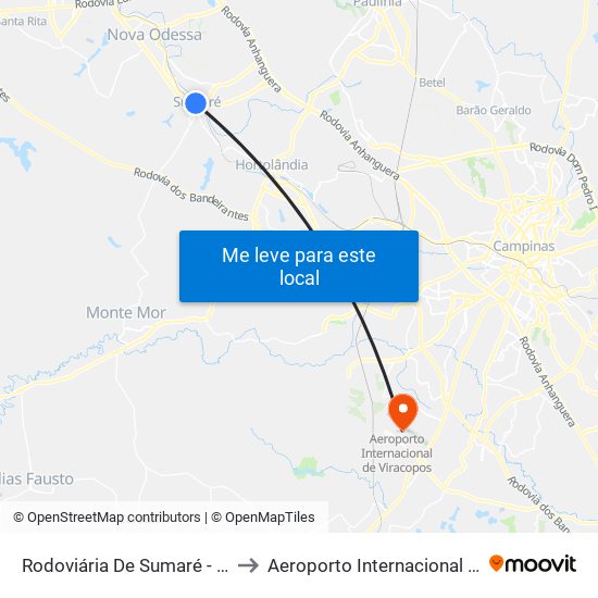 Rodoviária De Sumaré - Plataforma 4 to Aeroporto Internacional de Viracopos map