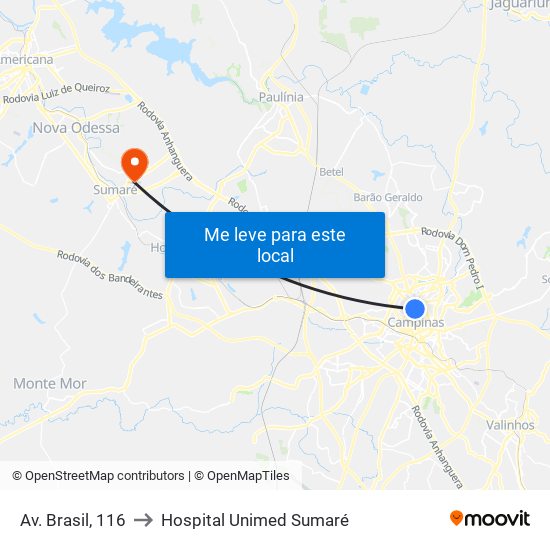 Av. Brasil, 116 to Hospital Unimed Sumaré map