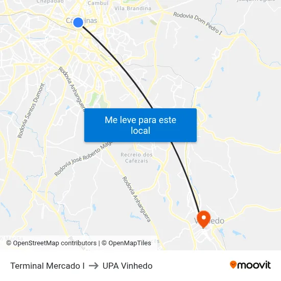 Terminal Mercado I to UPA Vinhedo map