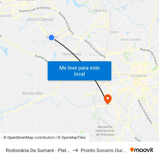 Rodoviária De Sumaré - Plataforma 4 to Pronto Socorro Ouro Verde map