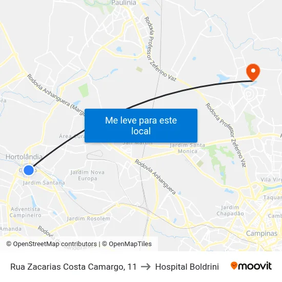 Rua Zacarias Costa Camargo, 11 to Hospital Boldrini map