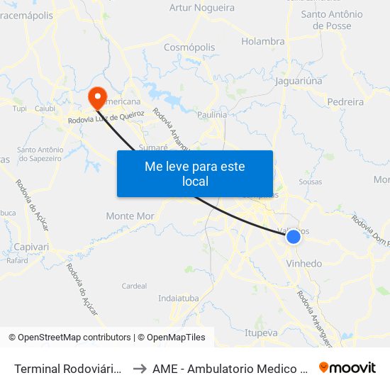 Terminal Rodoviário De Valinhos to AME - Ambulatorio Medico de Especialidades map