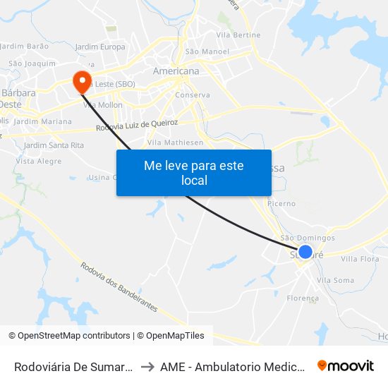 Rodoviária De Sumaré - Plataforma 4 to AME - Ambulatorio Medico de Especialidades map