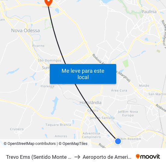 Trevo Ems (Sentido Monte Mor) to Aeroporto de Americana map