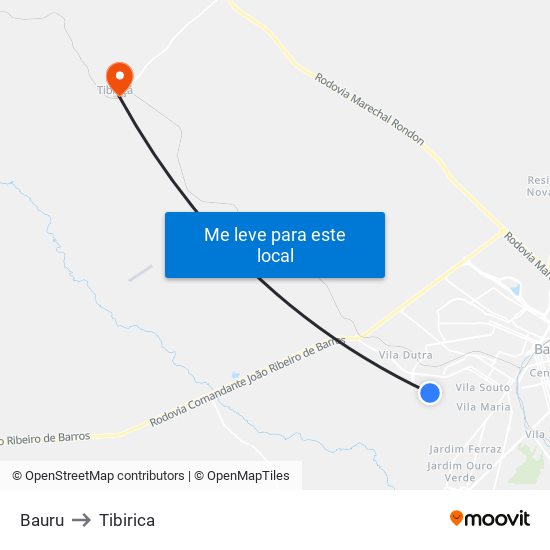 Bauru to Tibirica map