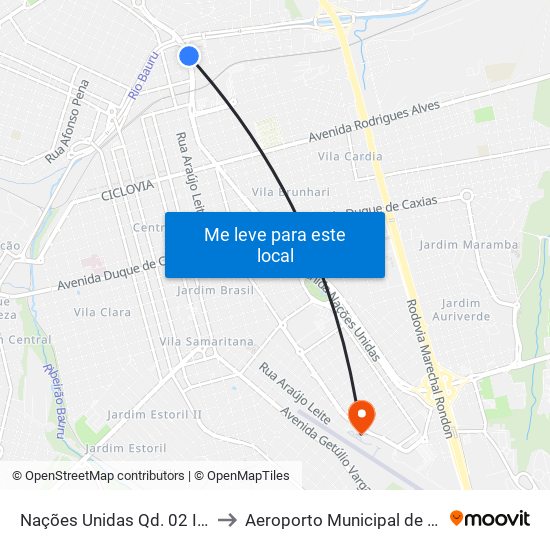 Nações Unidas Qd. 02 Impar to Aeroporto Municipal de Bauru map