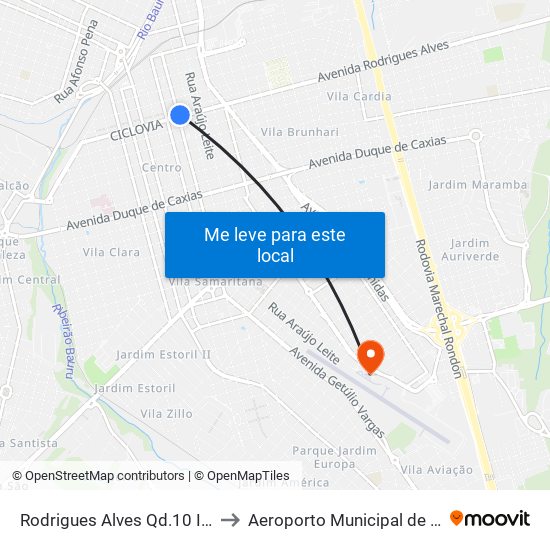 Rodrigues Alves Qd.10 Impar. to Aeroporto Municipal de Bauru map