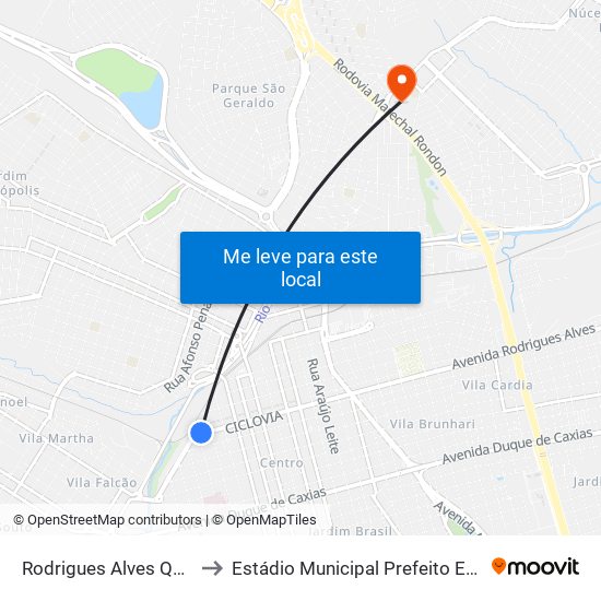 Rodrigues Alves Qd. 02 Impar to Estádio Municipal Prefeito Edmundo Coube map