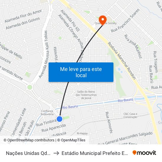 Nações Unidas Qd. 02 Impar to Estádio Municipal Prefeito Edmundo Coube map