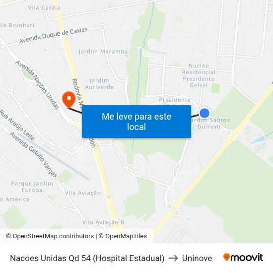 Nacoes Unidas Qd 54 (Hospital Estadual) to Uninove map