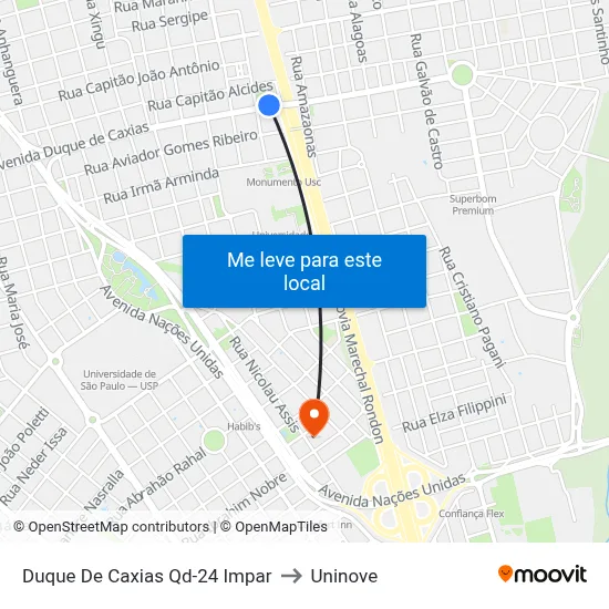 Duque De Caxias Qd-24 Impar to Uninove map