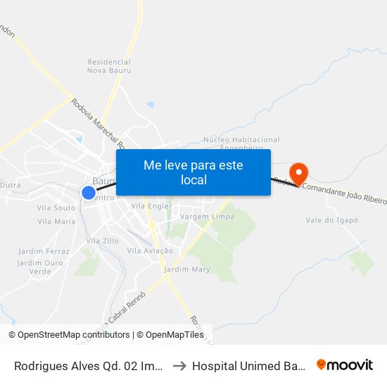 Rodrigues Alves Qd. 02 Impar to Hospital Unimed Bauru map