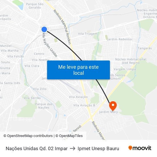 Nações Unidas Qd. 02 Impar to Ipmet Unesp Bauru map