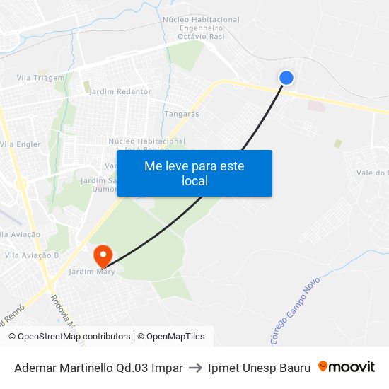Ademar Martinello Qd.03 Impar to Ipmet Unesp Bauru map