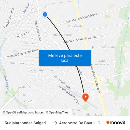 Rua Marcondes Salgado Qd. 10 Ímpar Boulevard Shopping to Aeroporto De Bauru - Comandante João Ribeiro De Barros map