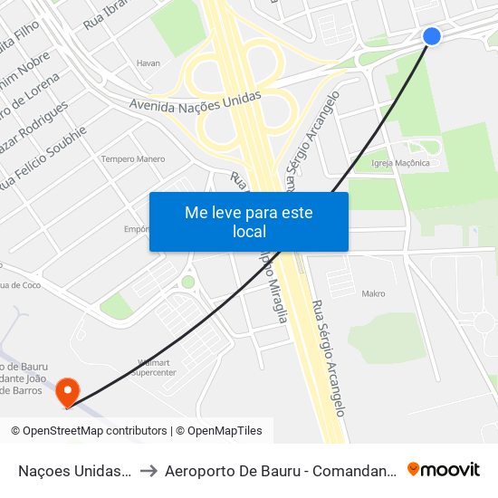 Naçoes Unidas Qd-39 Impar to Aeroporto De Bauru - Comandante João Ribeiro De Barros map