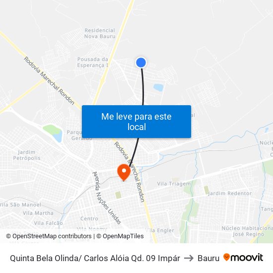Quinta Bela Olinda/ Carlos Alóia Qd. 09 Impár to Bauru map