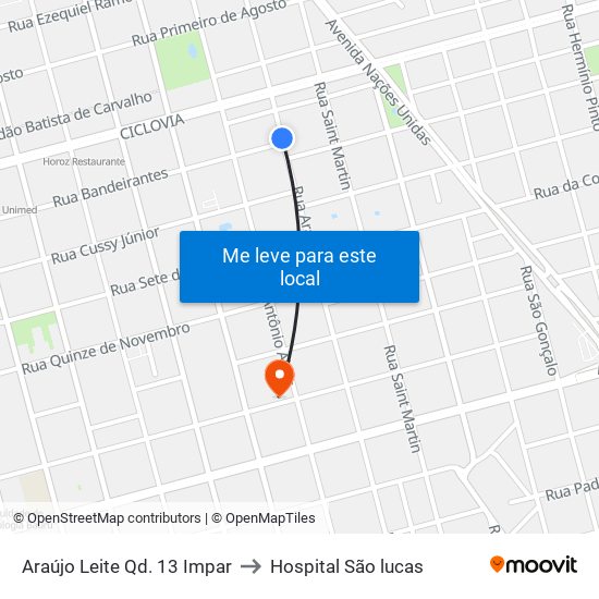 Araújo Leite Qd. 13 Impar to Hospital São lucas map