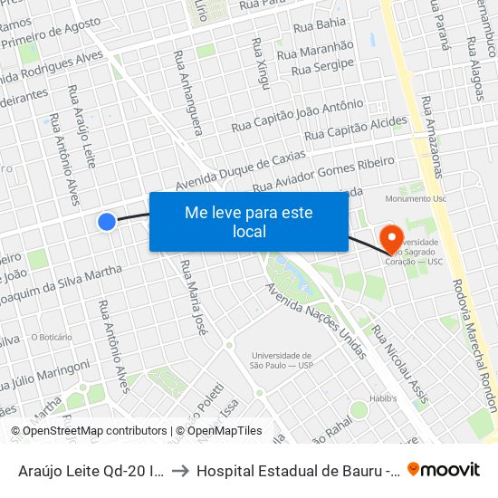 Araújo Leite Qd-20 Impar to Hospital Estadual de Bauru - Oficial map