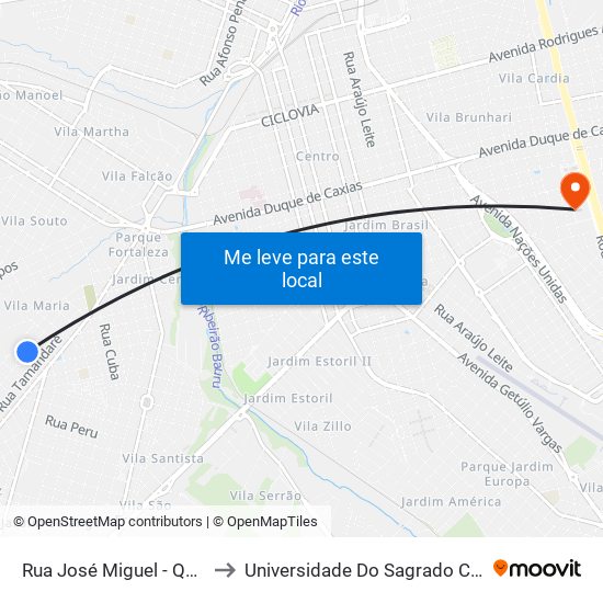 Rua José Miguel - Qd. 07 Impar to Universidade Do Sagrado Coração — Usc map