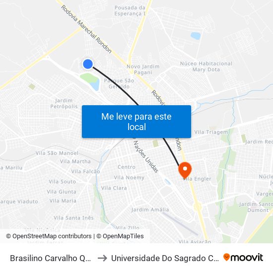 Brasilino Carvalho Qd. 08 Impar to Universidade Do Sagrado Coração — Usc map