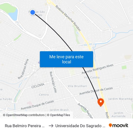 Rua Belmiro Pereira Qd. 04 Impar to Universidade Do Sagrado Coração — Usc map