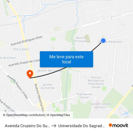 Avenida Cruzeiro Do Sul - Qd 32 Impar to Universidade Do Sagrado Coração — Usc map