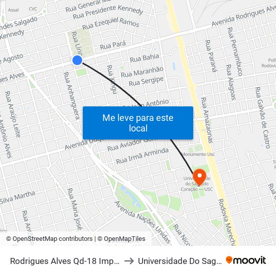 Rodrigues Alves Qd-18 Impar (Cemitério Da Saudade) to Universidade Do Sagrado Coração — Usc map