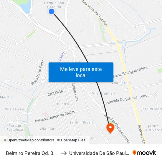 Belmiro Pereira Qd. 01 Impar to Universidade De São Paulo — Usp map