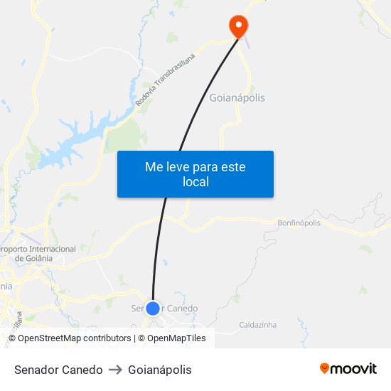 Senador Canedo to Goianápolis map