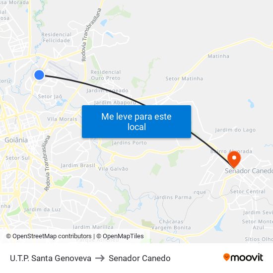 U.T.P. Santa Genoveva to Senador Canedo map